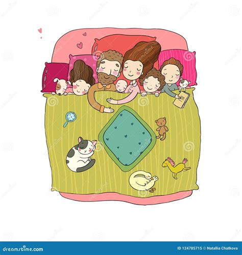 Illustration einer glücklichen Familie, die im Familienbett schläft.