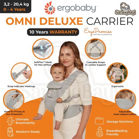 Detailaufnahme der Ergobaby Omni Deluxe Babytrage, die ihre zahlreichen Fächer und die Kapuze zeigt.