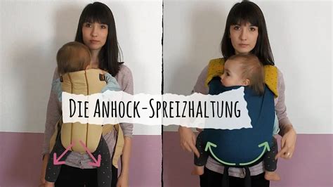 Schemazeichnung, die die korrekte Einstellung des Stegs und die Anhock-Spreiz-Haltung des Babys in einer Babytrage zeigt.