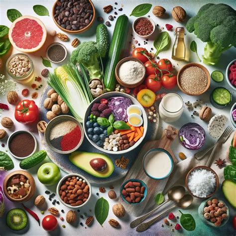 bunte Zusammenstellung von gesunden Lebensmitteln wie Obst, Gemüse, Vollkornprodukten und magerem Protein
