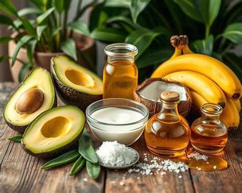 Bild von verschiedenen natürlichen Zutaten für Haarmasken, darunter Aloe Vera, Kokosöl und Teebaumöl.