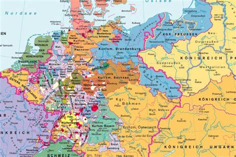 Karte Europas im 18. Jahrhundert, die die Zersplitterung in Kleinstaaten und die aufkommenden Zentren der Aufklärung zeigt