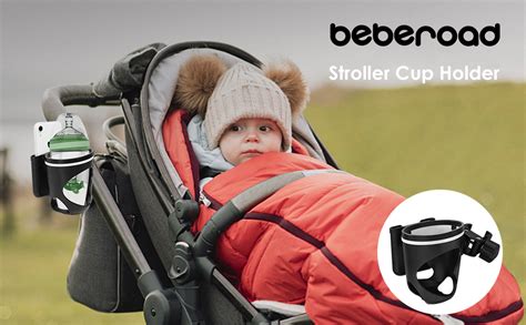 Illustration eines multifunktionalen Getränkehalters für Kinderwagen, der auch ein Handy aufnehmen kann