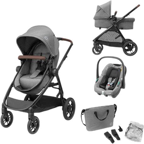 Übersichtliche Darstellung des Lieferumfangs des Maxi-Cosi Zelia S Trio Sets.