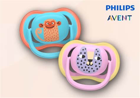 Schema der Philips Avent Mini-Schnullers mit Hervorhebung des kleinen Schilds, der Luftlöcher und der kiefergerechten Saugerform