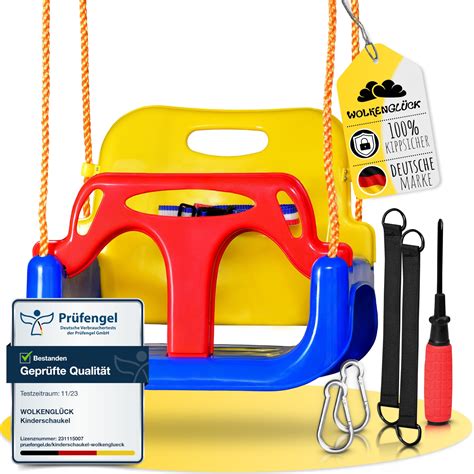 Illustration einer stilvollen Babyschaukel mit verstellbarer Rückenlehne und Spielbogen.