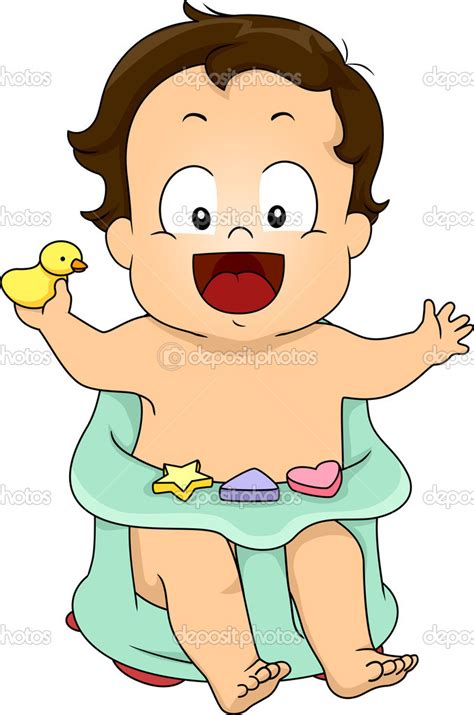 Illustration eines Babys, das glücklich in einer Babybadewanne sitzt, umgeben von Badeutensilien wie einem Waschlappen und einem Thermometer.
