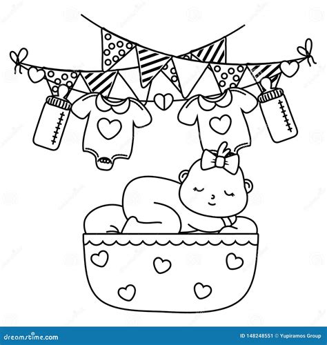 Illustration einer Wiege mit Babykleidung und Pflegeprodukten