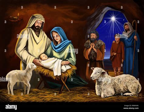 Darstellung der Geburt Jesu in einem Stall mit Maria, Josef und dem Jesuskind in der Krippe.