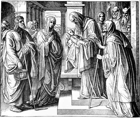 Darstellung Simeons, der das Jesuskind im Tempel auf seinen Armen hält.