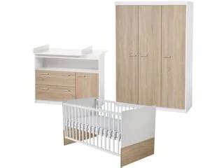 Beispiel eines Babyzimmer-Komplettsets in weißer Ausführung mit Holzakzenten.