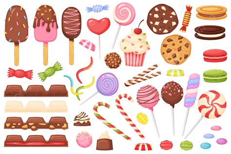 Illustration von verschiedenen Süßigkeiten und herzhaften Snacks