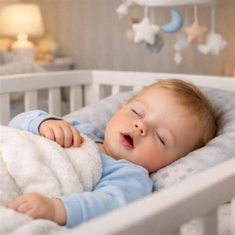 Ein Baby schläft friedlich mit einem Stoff-Otter-Spielzeug, das sanft leuchtet.