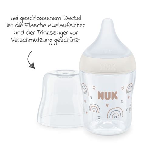 Illustrationen der verschiedenen NUK Sauger und Trinkaufsätze mit Größenangaben.