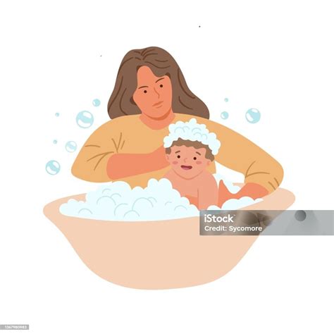 Illustration einer Mutter, die ihr Baby entspannt in einer auf einem Ständer stehenden Babybadewanne badet, beide aufrecht stehend