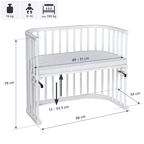 Illustration der stufenlosen Höhenverstellung und der Befestigungswinkel des babybay® Maxi Beistellbetts