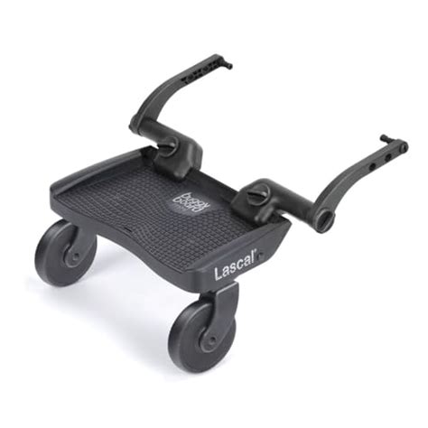Illustration, die die einfache Anbringung und Abnahme des BuggyBoard Maxi an einem Kinderwagen zeigt