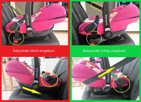 Illustration einer Babyschale, die korrekt im Auto installiert ist, mit Hervorhebung der Gurtführungen.