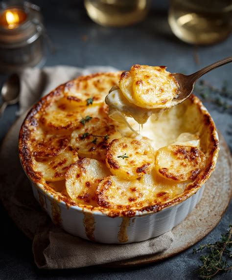 Fotografie von einem fertig gebackenen Kartoffelgratin in kleinen Töpfchen, goldbraun und dampfend