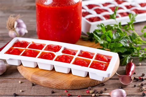 Eiswürfelbehälter gefüllt mit Babybrei-Portionen, bereit zum Einfrieren