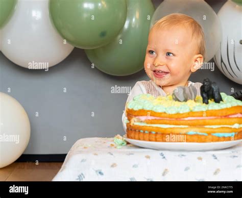 Ein Baby, das auf seinem ersten Geburtstagskuchen sitzt und lächelt.