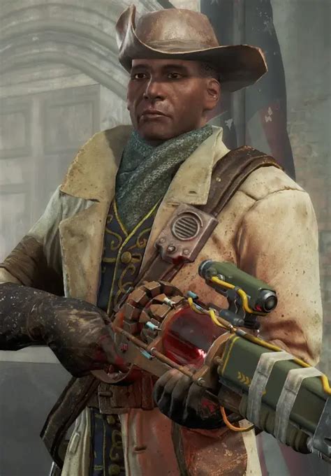 Eine illustration, die Preston Garvey mit seiner modifizierten Lasermuskete zeigt.
