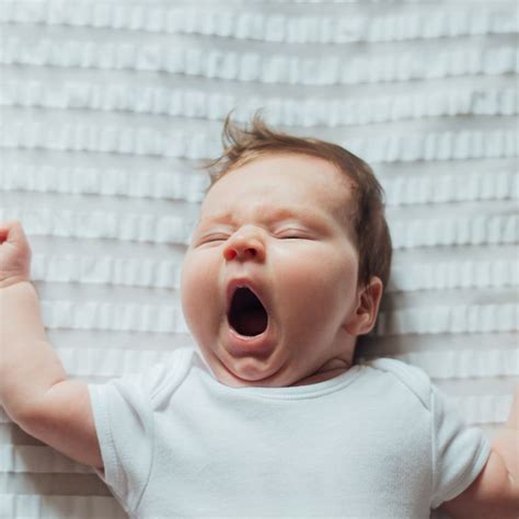 Illustration, die verschiedene Müdigkeitssignale bei Babys zeigt (Gähnen, Augenreiben etc.)