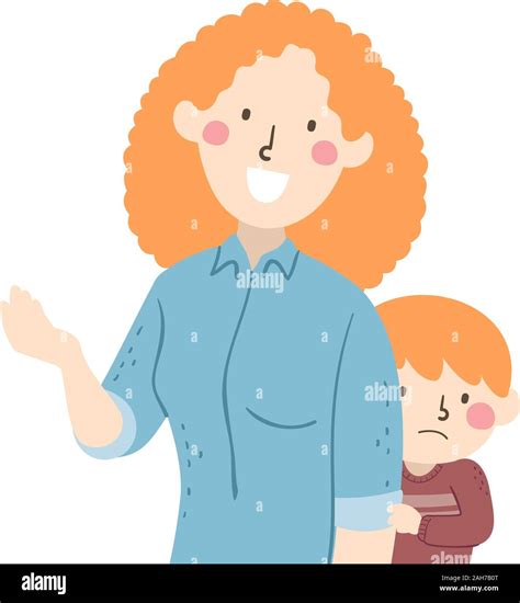 Illustration eines Babys, das sich schüchtern hinter seiner Mutter versteckt, während eine freundliche Person lächelt.