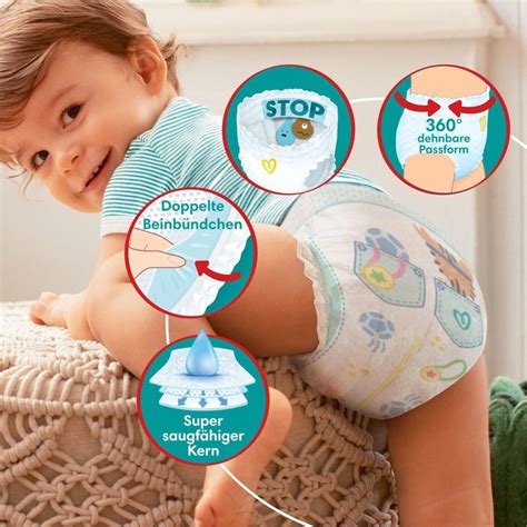 Illustration einer Pampers Baby Dry Pants Windel mit hervorgehobenen Saugzonen und Schutzfunktionen