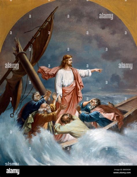 Darstellung von Jesus, der auf dem Wasser steht und den Sturm beruhigt.