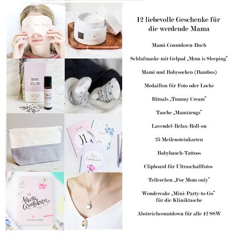 Collage aus verschiedenen Geschenken für die werdende Mutter: Bauchband, Gutschein für Massage, vorbereitete Krankenhaustasche.