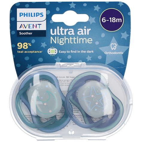 Schema der Philips Avent Ultra Air Nighttime Schnuller mit Hervorhebung der leuchtenden Kappe und der Belüftungslöcher.