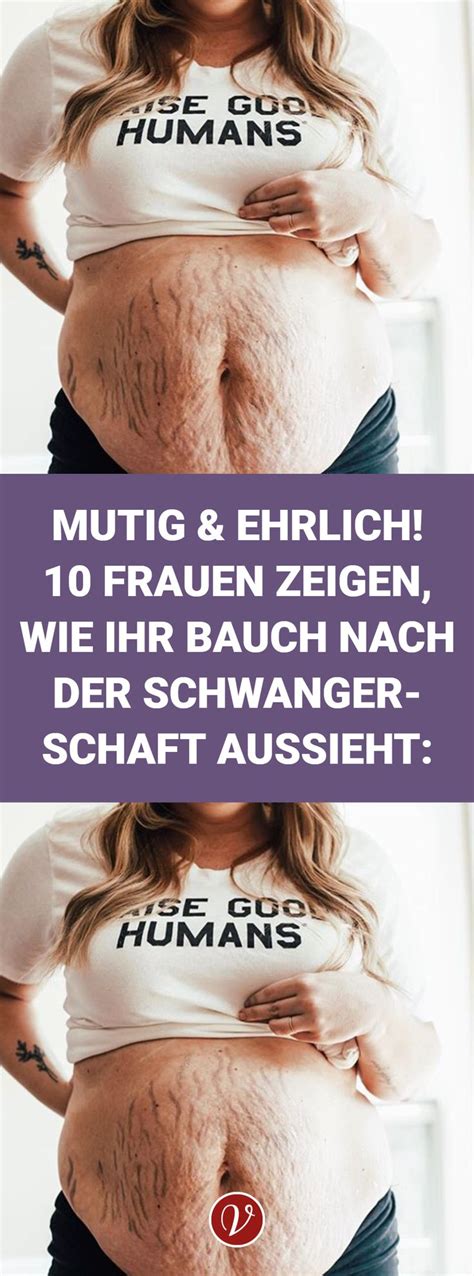 Eine Frau betrachtet ihren Bauch nach der Schwangerschaft mit nachdenklichem Ausdruck.