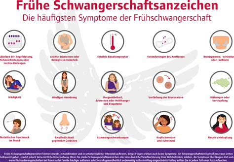 Illustrierte Übersicht der 15 häufigsten frühen Schwangerschaftssymptome.