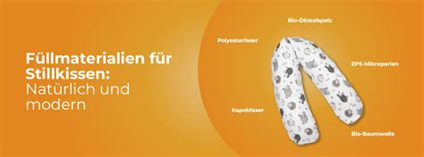 Infografik, die verschiedene Füllmaterialien für Stillkissen vergleicht (z.B. Microperlen, Faserbällchen, Watte) mit Hinweisen zu ihren Eigenschaften und Vor-/Nachteilen.
