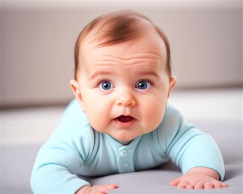 Baby in Bauchlage, das seinen Kopf hebt und sich auf die Arme stützt.