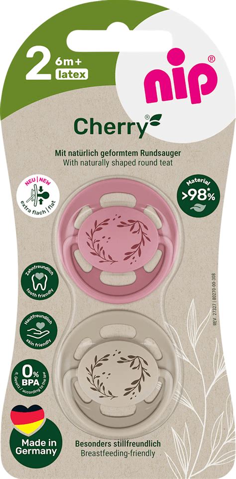 Verschiedene Packungen und einzelne NIP Cherry Schnuller in Kirschform