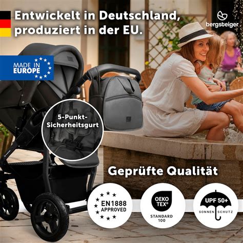 Illustration eines Bergsteiger Kombikinderwagens mit Babywanne und Zubehör