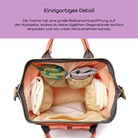 Schema eines Wickelrucksacks mit seinen verschiedenen Fächern und Zubehörteilen