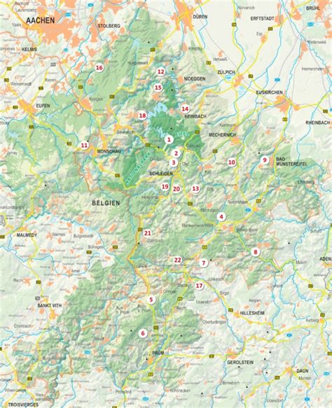 Übersichtskarte der Eifel mit markierten Ausflugszielen für Familien