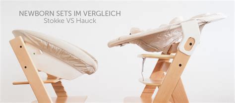 Vergleich zweier Stokke Newborn Sets: Ein älteres Modell und ein neueres Modell mit sichtbarem Griff zur Positionsverstellung.