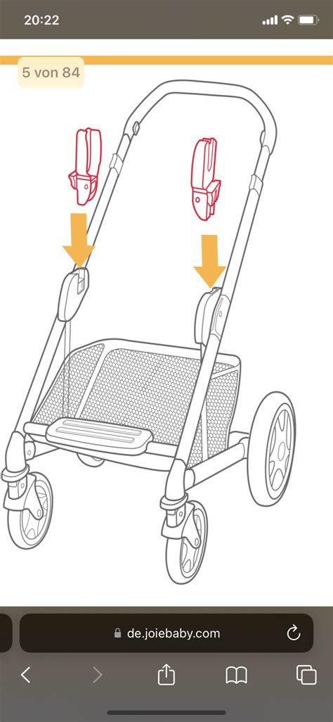 Illustration, die zeigt, wie ein Adapter eine Babyschale mit einem Kinderwagengestell verbindet