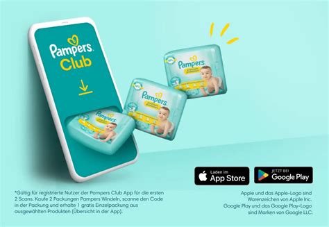 Illustration der Pampers App mit verschiedenen Menüpunkten wie Prämien, Coupons und Informationen zur Kindesentwicklung