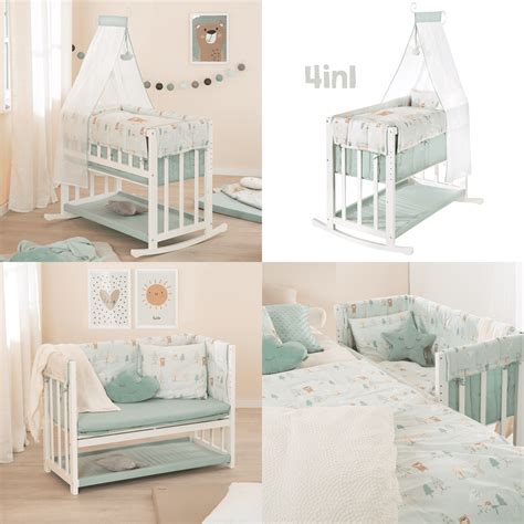 Collage verschiedener Babybett-Typen: Beistellbett, Gitterbett, Stubenwagen