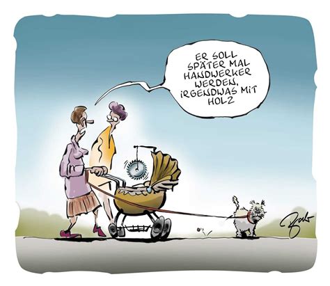 Karikatur eines überforderten, aber lachenden Vaters mit Baby