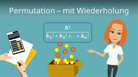 Infografik, die den Unterschied zwischen Permutationen mit und ohne Wiederholung anhand von Beispielen (z.B. Anordnung von Buchstaben oder Kugeln) veranschaulicht.
