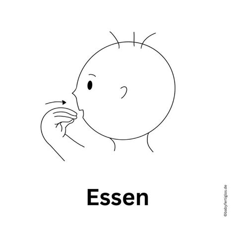 Illustrationen der ersten Babyzeichen: Milch, Mehr, Fertig, Essen, Hilfe