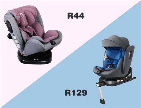 Detailansicht des Prüfsiegels eines Kindersitzes, das die Normen R44 und R129 erklärt