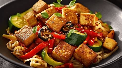 Gemüsenudeln mit Tofu und Sauce
