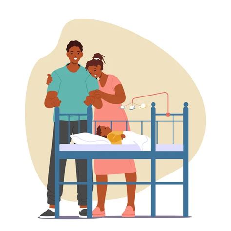 Illustration einer Familie, die friedlich im Familienbett schläft, mit einem daneben stehenden Kinderbett.